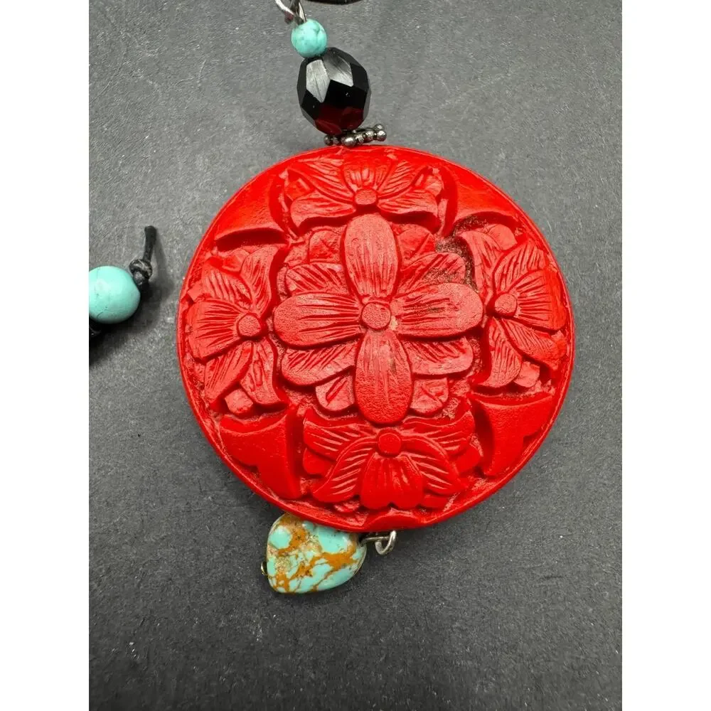 Vintage Red Carved Chinese Cinnabar Pendant Turquoise Glass Bead Necklace
